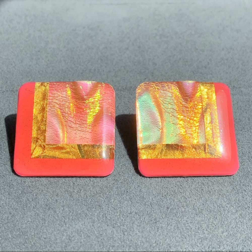 Vintage Holographic Foil Art Bubble Square Earrings
